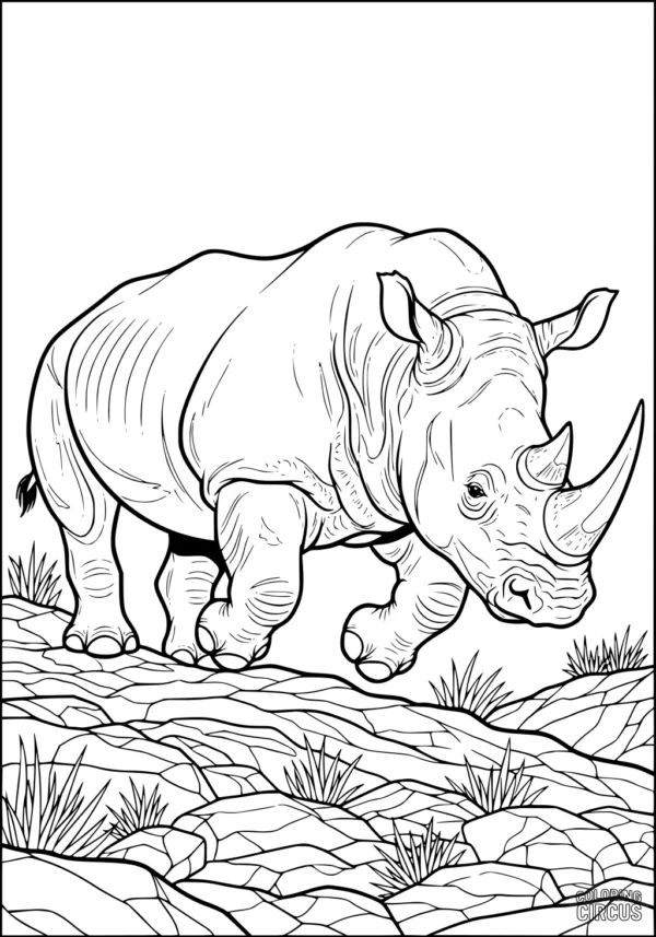 Coloring page showing a detailed rhinoceros walking on rocky plains with grass