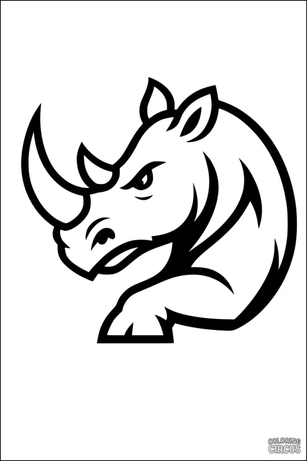 Coloring page featuring a friendly cartoon rhinoceros head with large horn