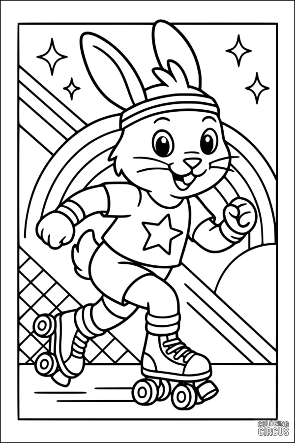 Coloring page featuring a cartoon rabbit roller skating under a rainbow and sun