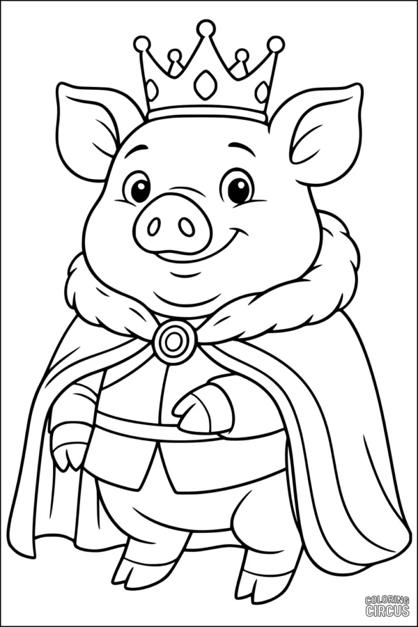 Coloring page of a cute cartoon pig wearing a crown and royal cape