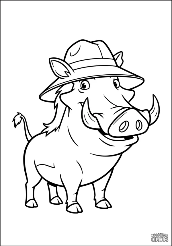 Coloring page of a cartoon warthog wearing a safari hat, perfect for kids