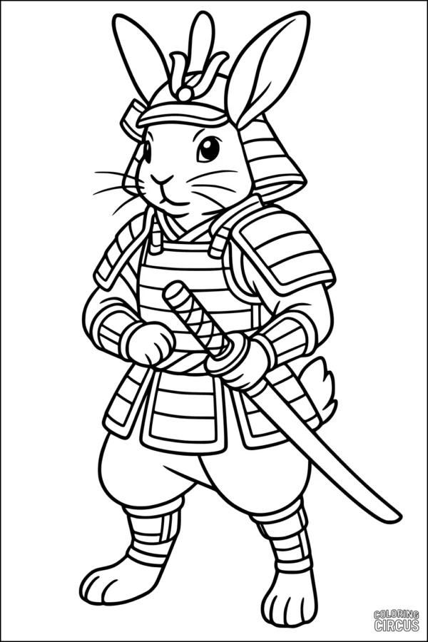 Coloring page of a rabbit dressed as a samurai with armor and sword