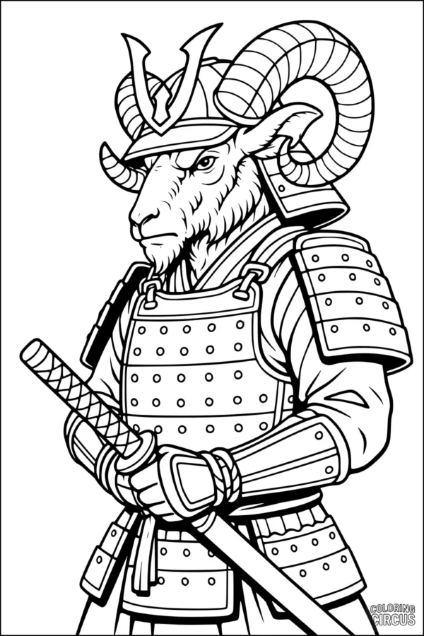 Coloring page of a sheep dressed as a detailed samurai warrior holding a sword