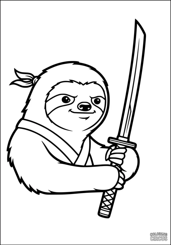 Coloring page featuring a cartoon sloth dressed as a samurai holding a sword