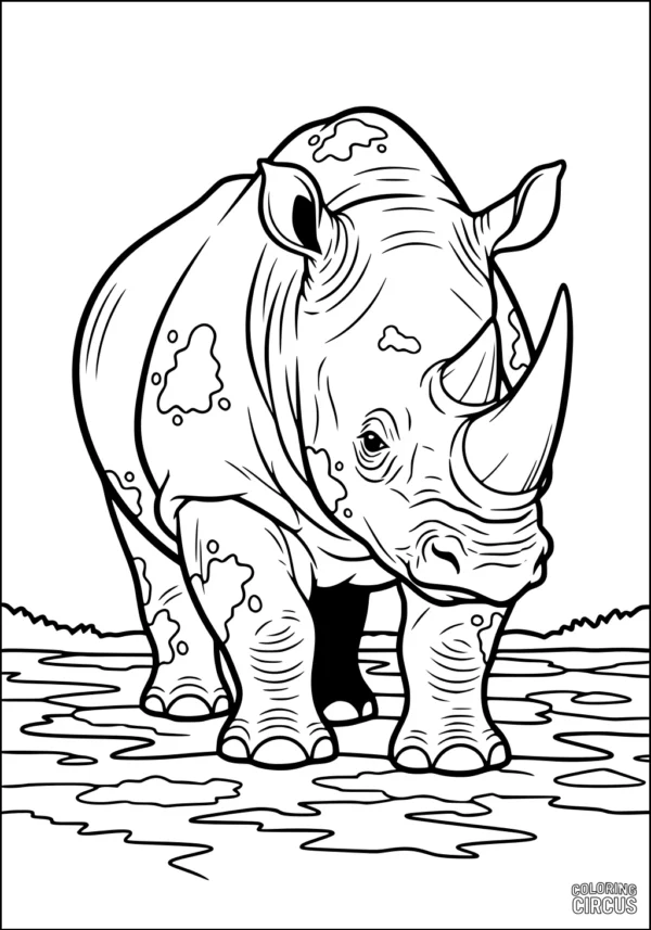 Coloring page featuring a rhinoceros walking near a riverbank with patches of mud and grass