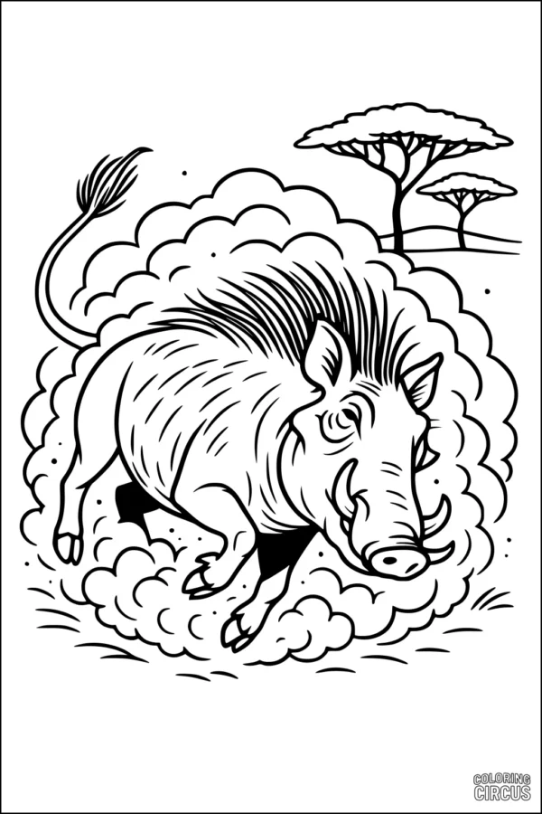 Coloring page of a playful warthog running through dust on the African savanna with acacia trees in the background