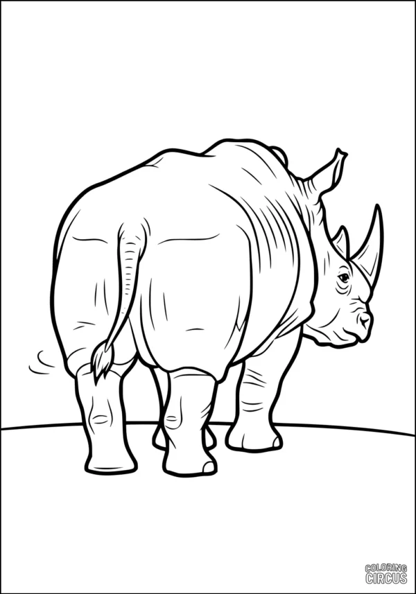 Coloring page showing a rhinoceros walking on the savannah viewed from behind
