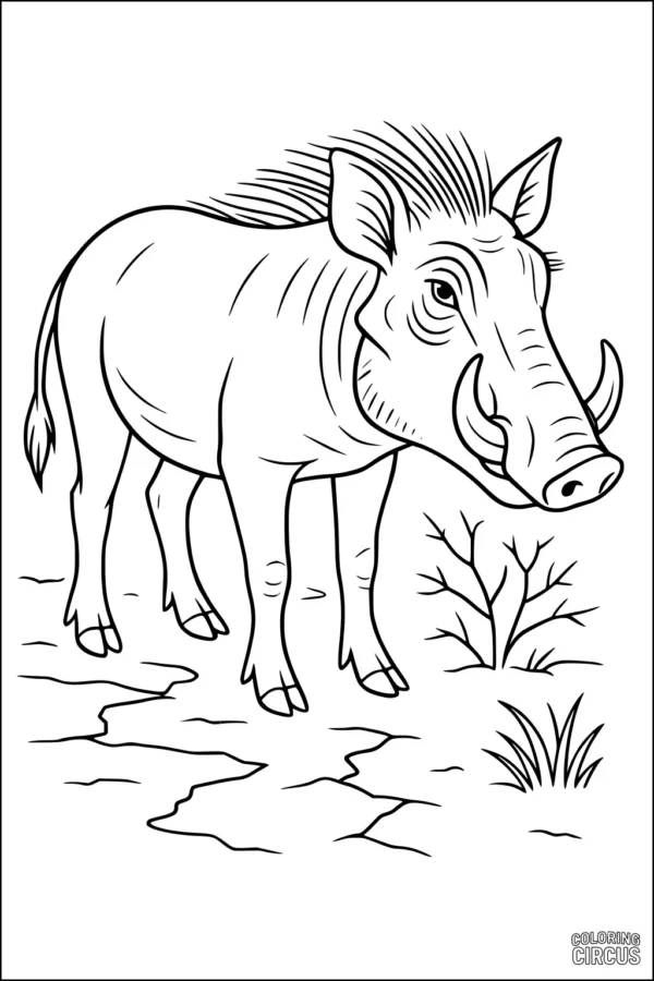 Coloring page of a cheerful warthog standing on a cracked savannah with bushes and grass, perfect for animal and safari activities.