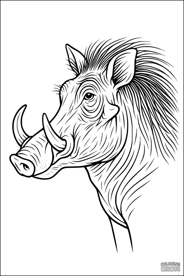 Coloring page of a detailed warthog head with expressive eyes and large tusks
