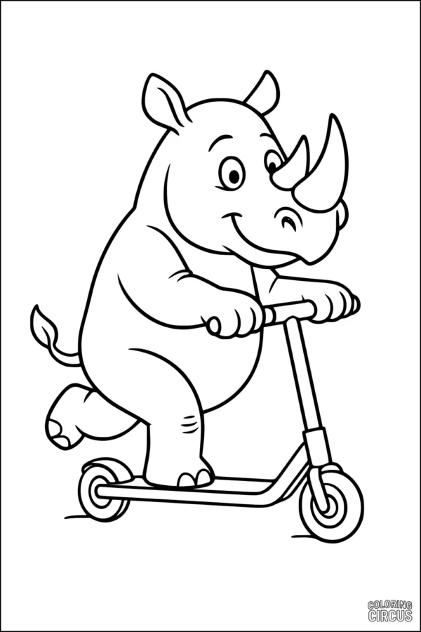 Coloring page of a smiling rhinoceros riding a scooter, suitable for young children