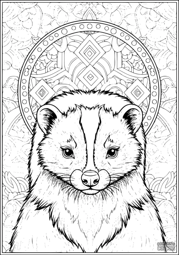 Coloring page of a serene skunk with detailed mandala background