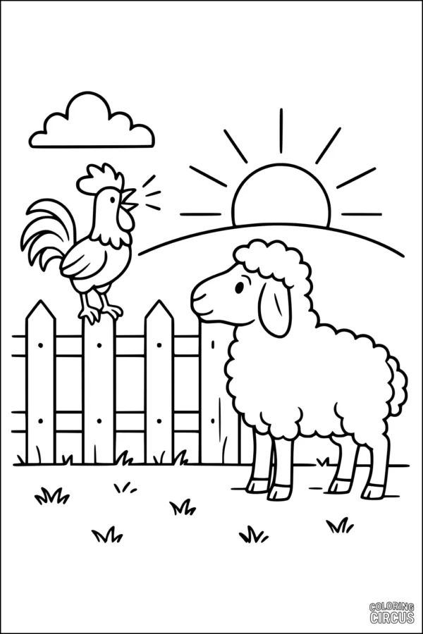 Coloring page sheep and rooster together by a fence with sunrise in the background