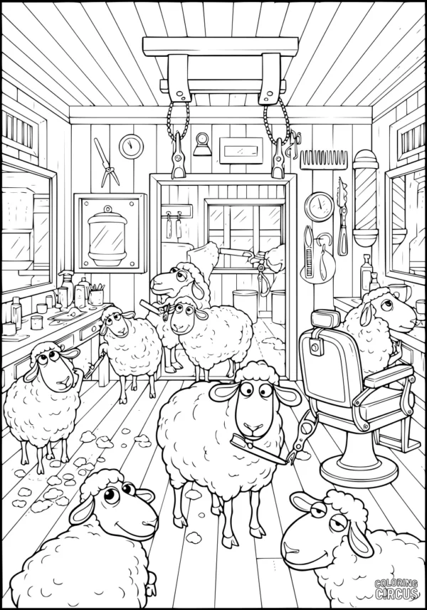 Coloring page of several cartoon sheep in a busy barbershop filled with grooming tools, mirrors, and vintage decor.