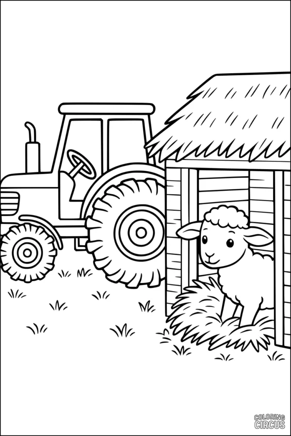 Coloring page showing a cute sheep in a barn with a tractor on a farm