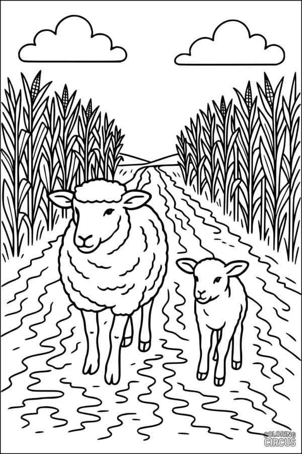 Coloring page showing a sheep and lamb walking on a country path with tall plants and clouds