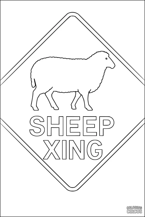 Coloring page of a sheep crossing road sign with sheep and 'SHEEP XING' text