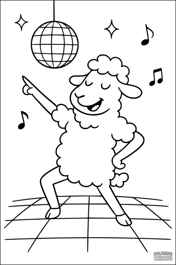 Coloring page of a cartoon sheep dancing under a disco ball with music notes and a tiled floor.