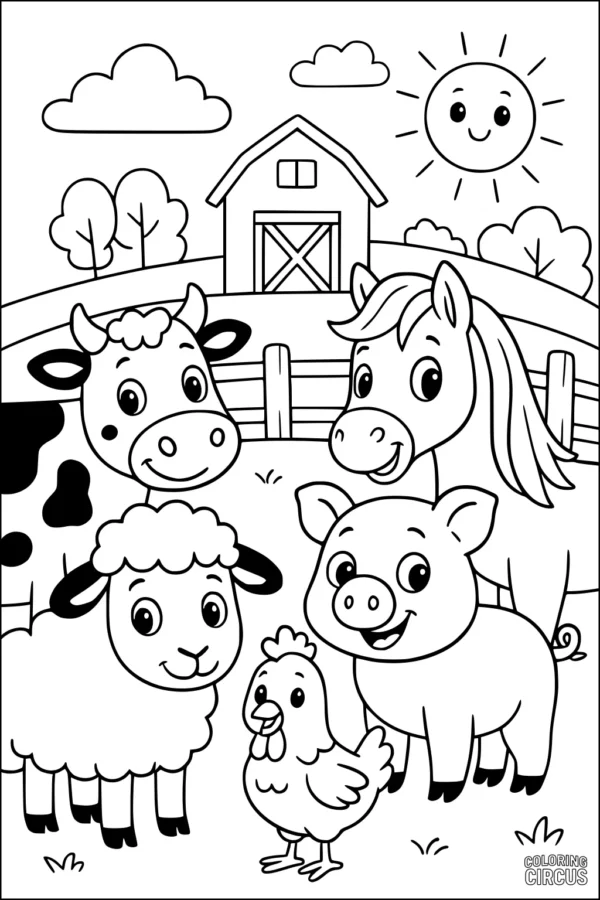 Coloring page of sheep with other farm animals in front of a barn, sunny sky, and trees