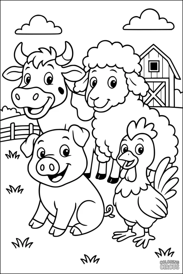 Coloring page featuring a smiling sheep, cow, pig, and chicken on a farm with a barn in the background