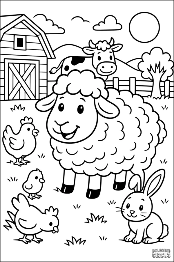 Coloring page featuring a cute sheep with farm animals, barn, and sun in a friendly cartoon style