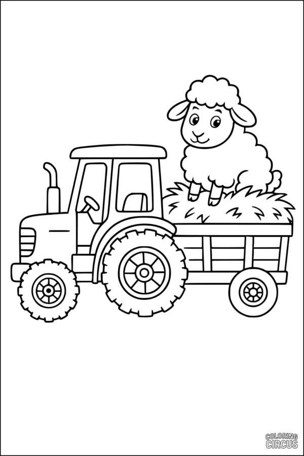 Coloring page showing a cartoon sheep sitting on hay in a wagon pulled by a large farm tractor