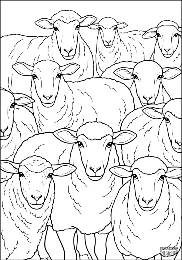 Coloring page of a group of sheep standing closely together, suitable for children and parents to color.
