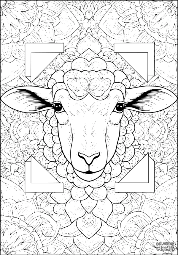 Coloring page featuring a detailed sheep face with curly wool, surrounded by ornate floral patterns