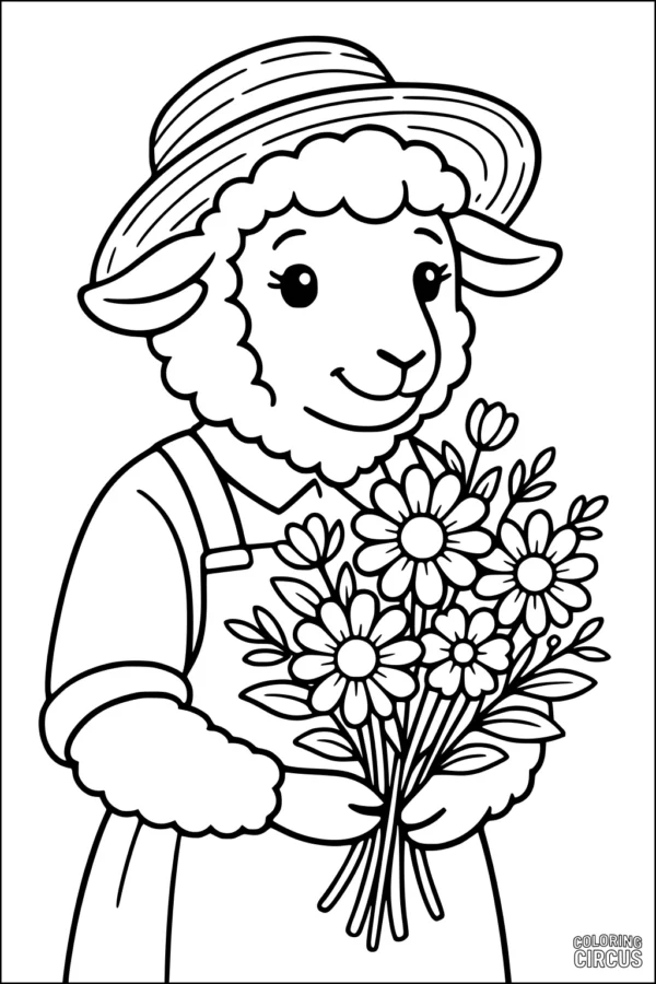 Coloring page of a cartoon sheep in a hat and overalls holding a bouquet of daisies