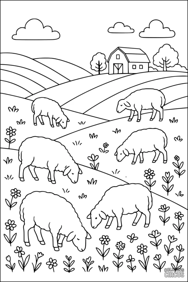 Coloring page showing sheep grazing on a farm meadow with flowers, hills, and a barn in the background