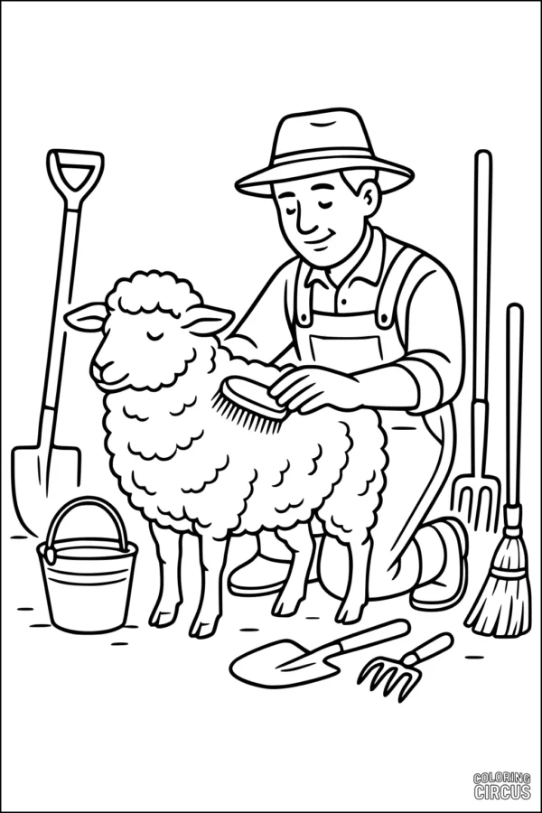 Coloring page with farmer brushing sheep and farm tools around