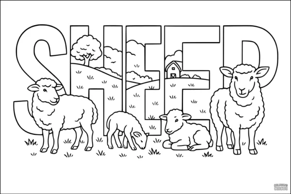 Coloring page with sheep in a farm landscape, hills, barn, and bold letters spelling SHEEP