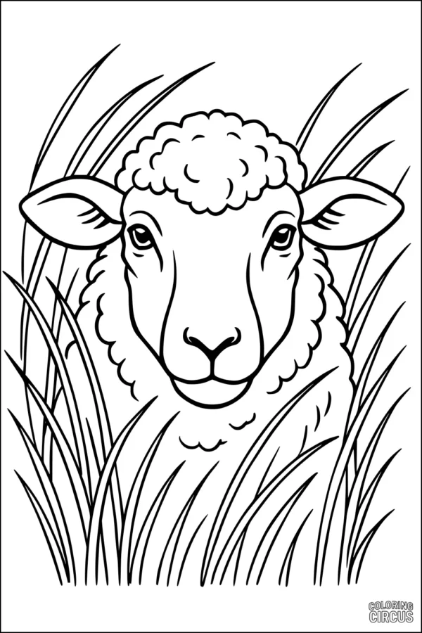 Coloring page showing a sheep peeking through tall grass in a meadow