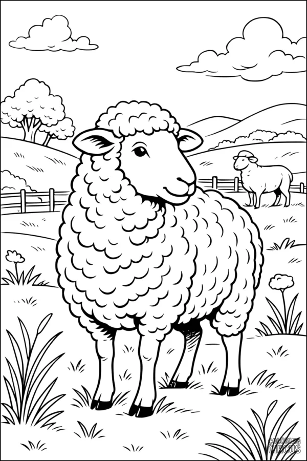 Coloring page featuring a cute sheep with curly wool standing in a meadow with hills, fencing, and another sheep in the background.