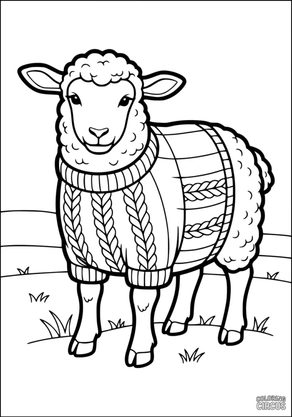 Coloring page showing a sheep wearing a patterned sweater standing in a grassy meadow