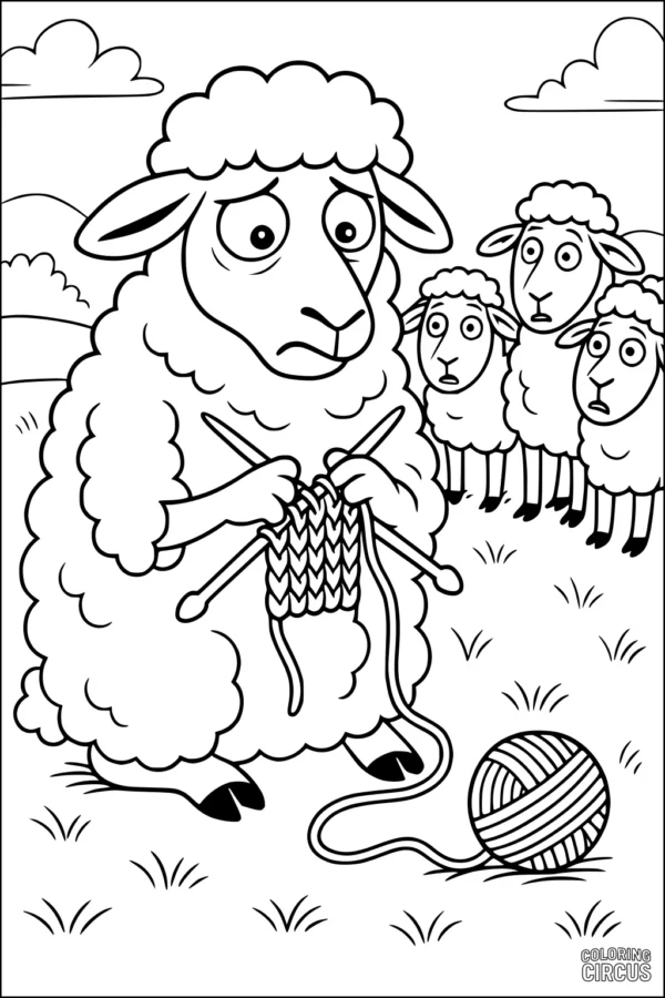 Coloring page showing a cartoon sheep knitting with yarn in a field while other sheep watch, suitable for children.