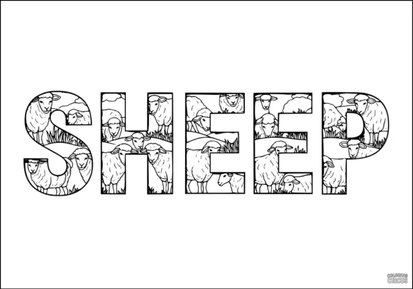 Coloring page sheep flock inside large SHEEP letters for kids