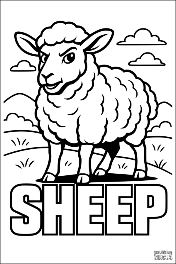 Coloring page of a cartoon-style sheep standing in a meadow with clouds and hills in the background, labeled with the word sheep.