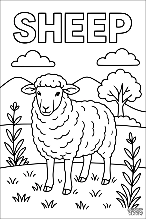 Coloring page showing a cute sheep standing in a meadow with hills, trees, and clouds in the background