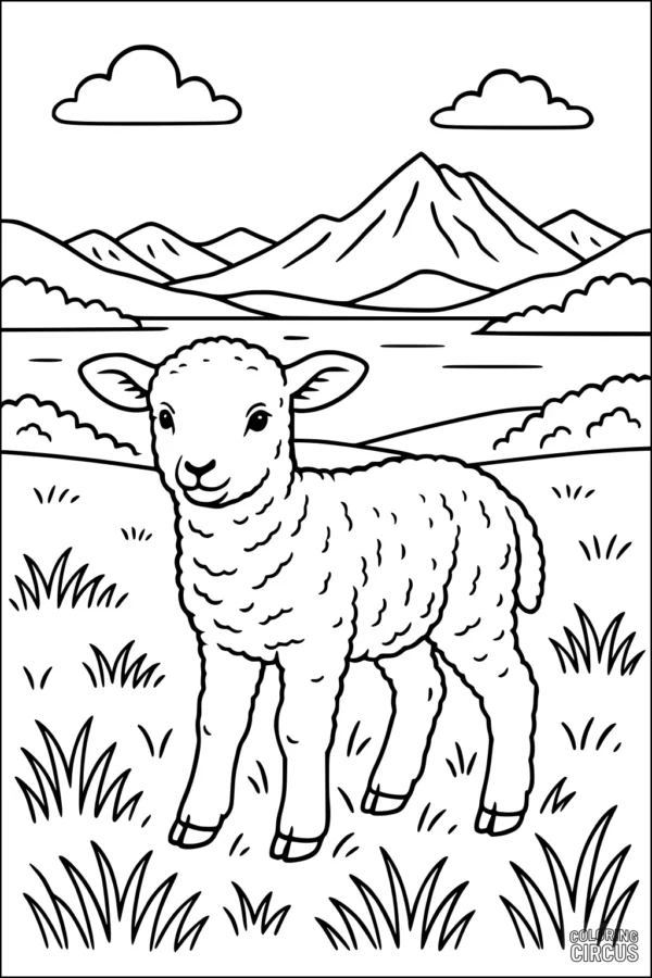 Coloring page of a sheep standing in a grassy meadow with mountains and clouds in the background.