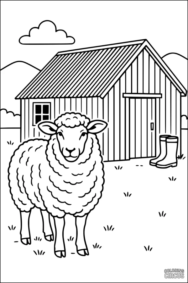 Coloring page featuring a fluffy sheep standing in front of a barn with boots on the grass and hills in the background