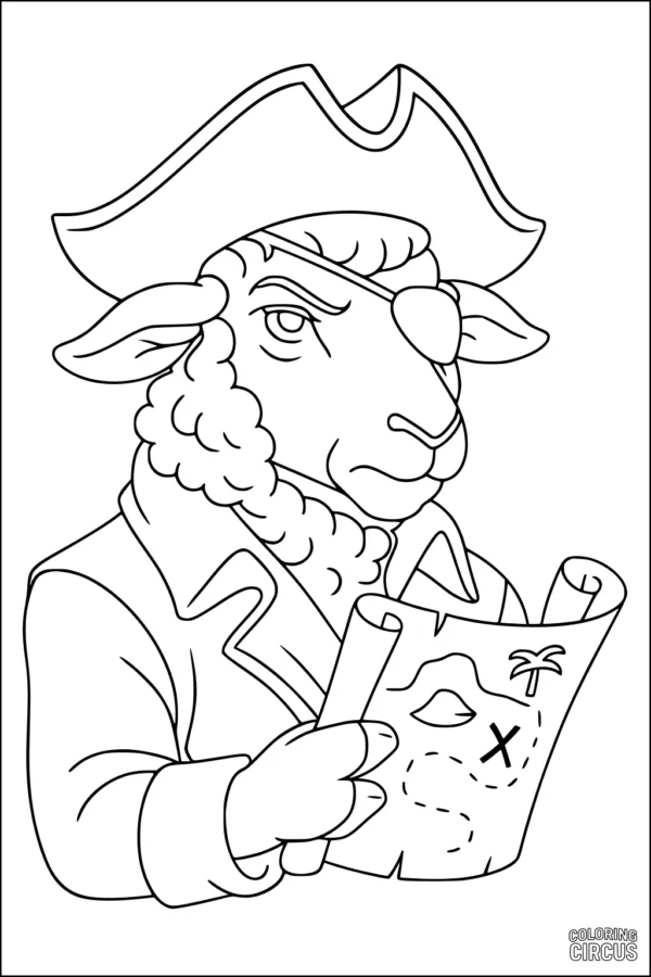 Coloring page of a pirate sheep holding a treasure map
