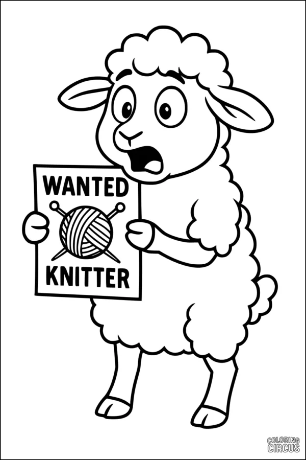 Coloring page featuring a surprised sheep holding a wanted knitter sign with a ball of yarn and knitting needles