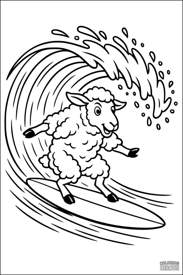 Coloring page of a happy sheep surfing on a big ocean wave