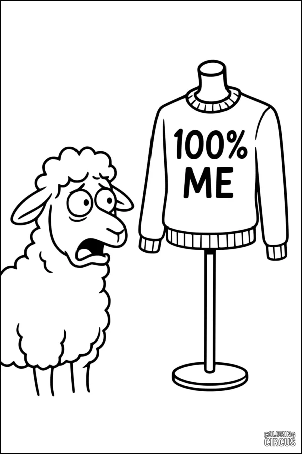 Coloring page featuring a surprised cartoon sheep next to a sweater reading '100% ME' on a stand
