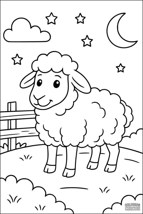 Coloring page of a smiling sheep in a nighttime field with stars, a crescent moon, clouds, and a fence