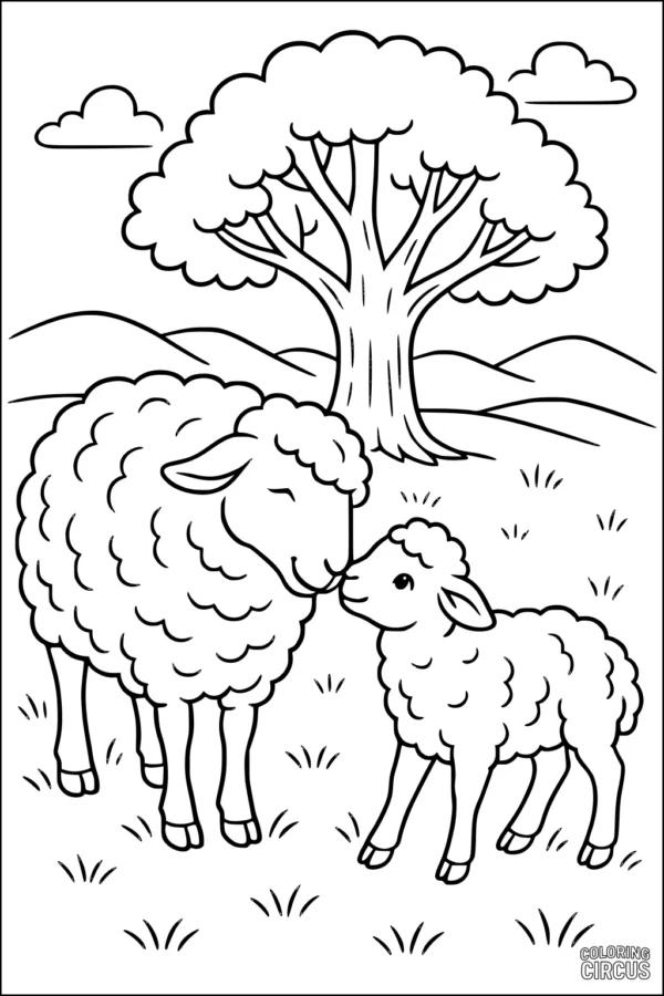 Coloring page showing a sheep and a lamb together under a large tree with hills in the background