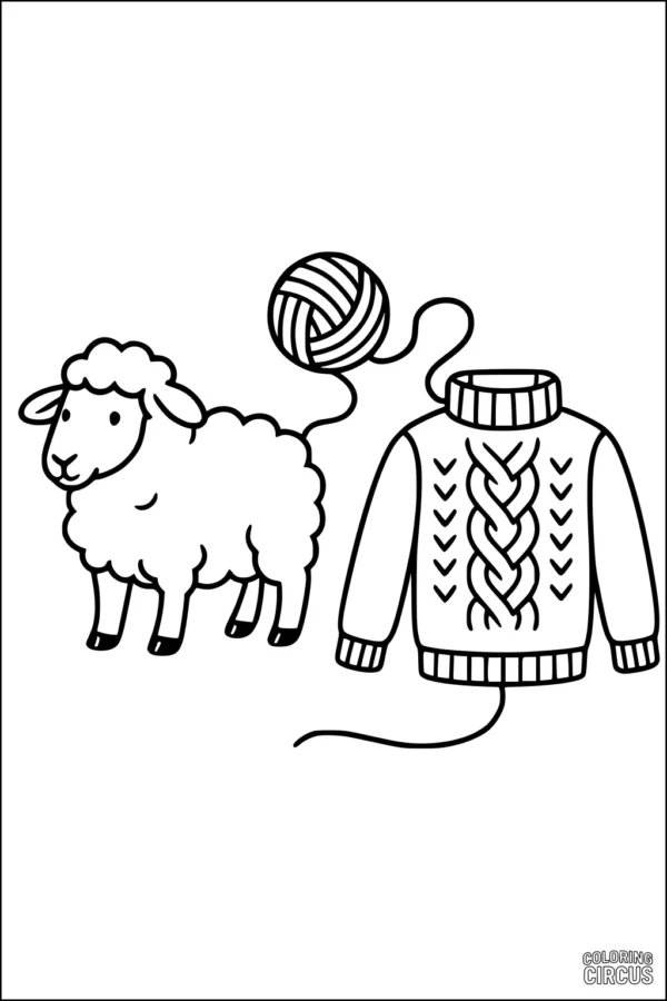 Coloring page with cartoon sheep, ball of yarn, and sweater