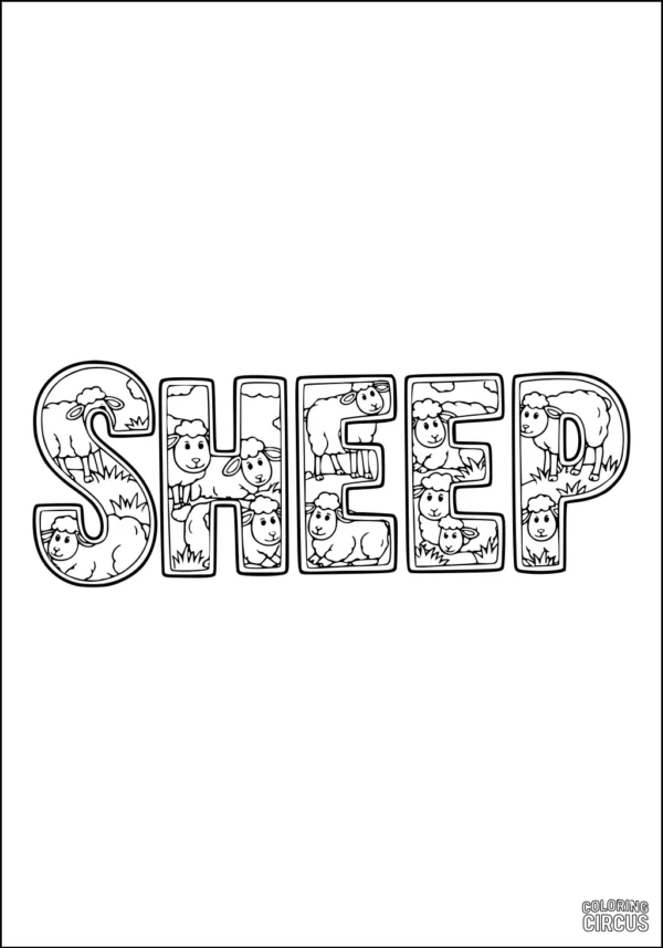 Coloring page with word SHEEP filled with cute sheep illustrations