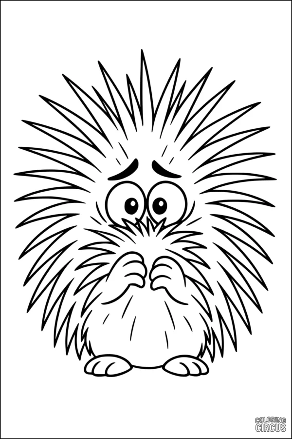 Coloring page of a cute, shy cartoon porcupine with big eyes and layered quills