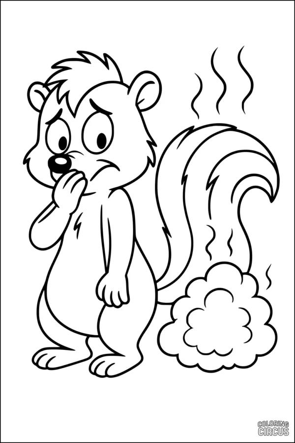 Coloring page of a bashful cartoon skunk with puffy tail and funny smell cloud
